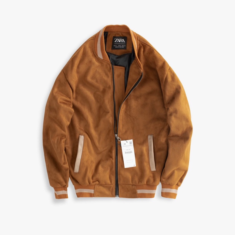 Áo khoác Bomber Jacket da lộn ZR phối viền chất da dày ấm