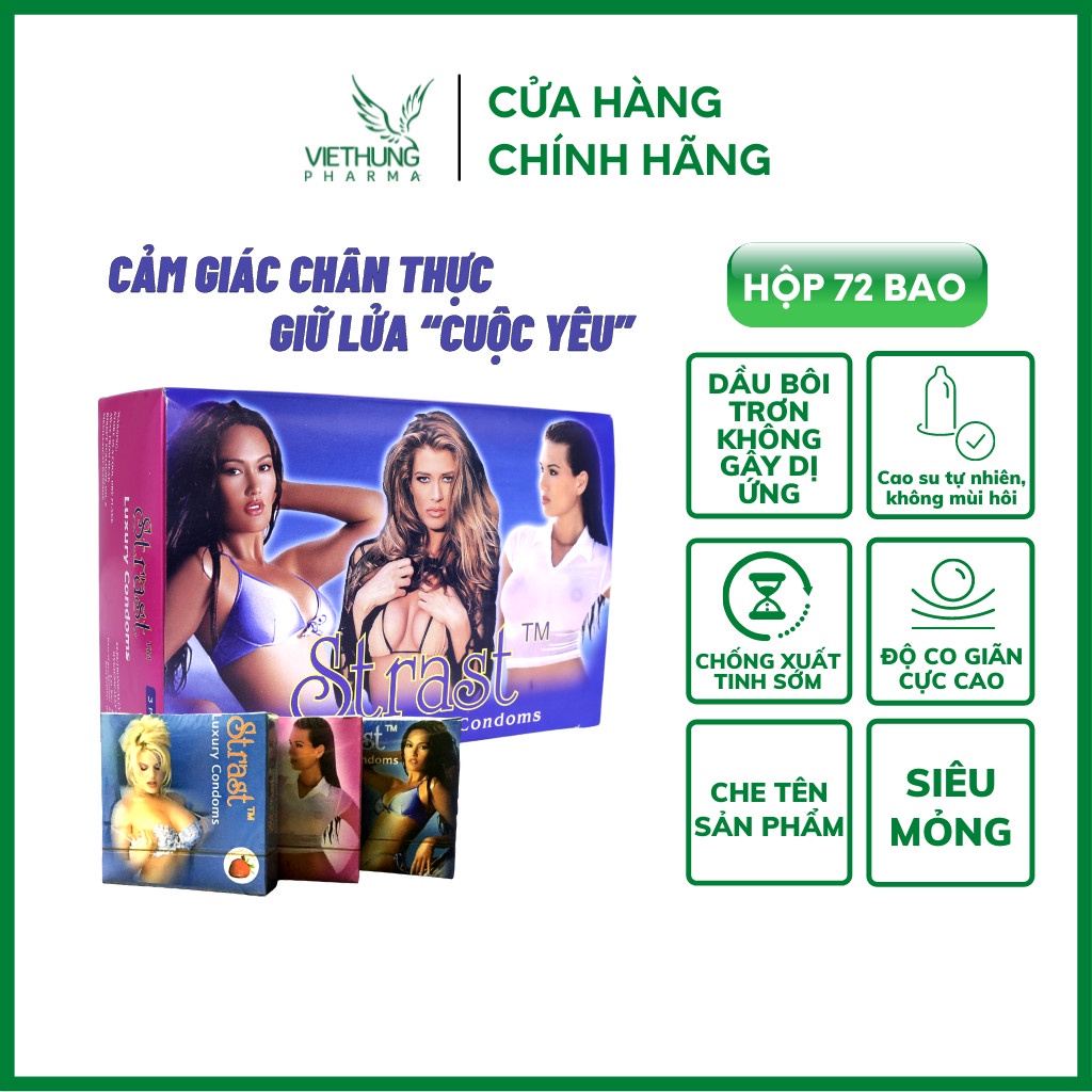 Bao cao su gia đình Strast Luxury, bao cao su gai bi mềm quanh thân, bổ sung nhiều gel bôi trơn - Hộp 72 cái