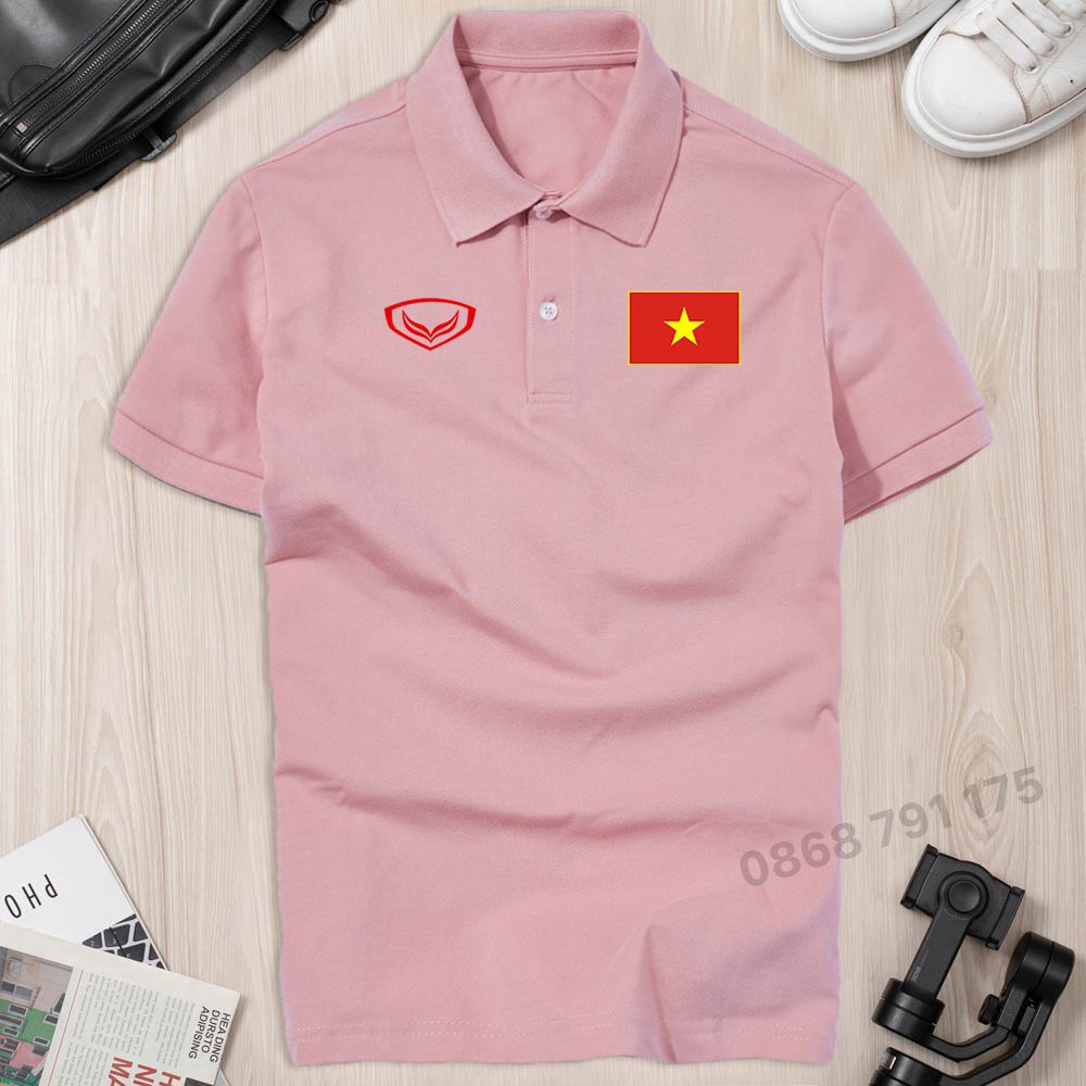 Áo thun polo có cổ ngắn tay bóng đá ĐT Việt Nam màu HỒNG PASTEL cao cấp, vải đẹp, cotton thoáng mát không xù lông GUCATI