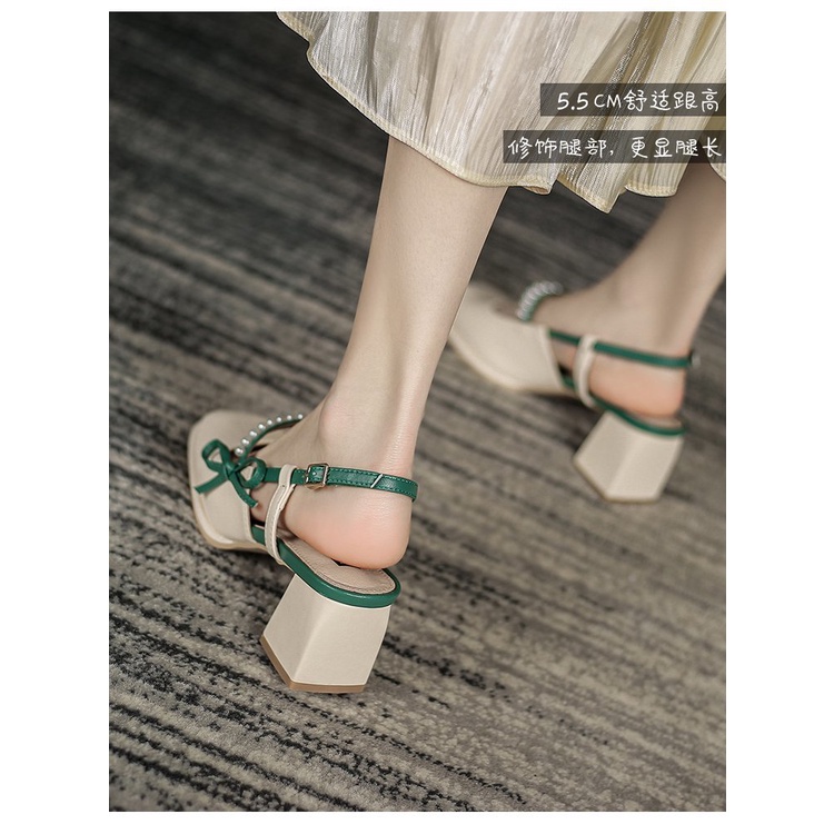 Giày Sandal Cao Gót Mũi Vuông Đính Nơ Và Ngọc Trai Thời Trang Dành Cho Nữ Có Size Lớn 35-42 / 41 / 42