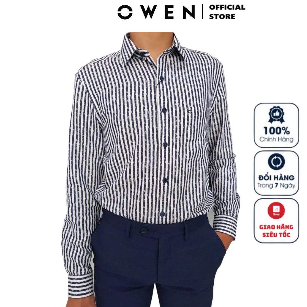 Áo Sơ Mi Nam Tay Dài Owen AS20572DT Vải Sợi Bạch Đàn Màu Kẻ dọc Xanh Đậm Dáng Slim Fit Có Túi