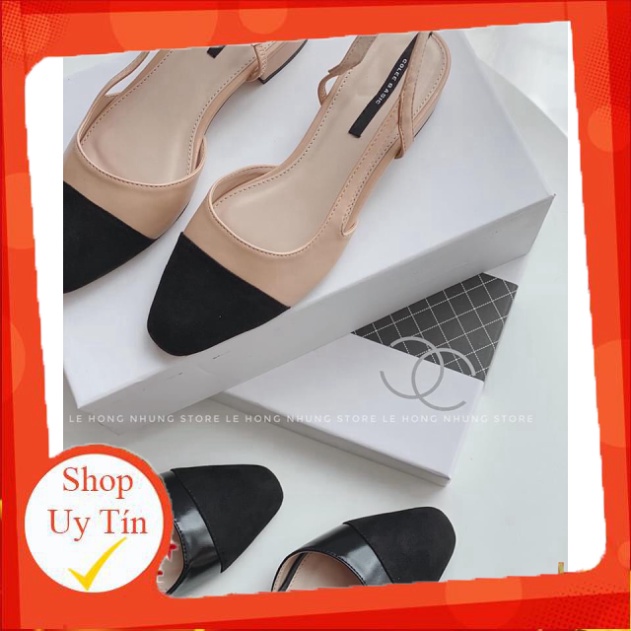 Sandal bít mũi pha nỉ khoét cạnh đen nude - 2P