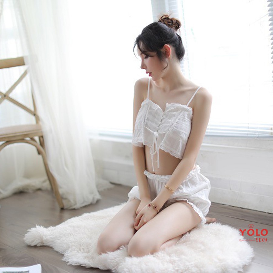 Bộ đồ ngủ nữ gợi cảm hai dây màu trắng thô đũi - Đồ ngủ sexy nữ YL05 | BigBuy360 - bigbuy360.vn