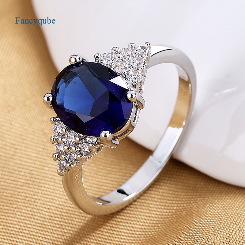 Nhẫn mạ bạc 925 đính đá sapphire hình oval nhân tạo sang trọng thời trang dành cho nữ