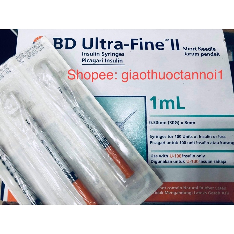 Bơm kim tiêm insulin BD ultra fine (usa Mỹ)1mL dung tích(thể tích dung dịch) 100U 0.30mm(30G) x 8mm kim chích tiểu đường