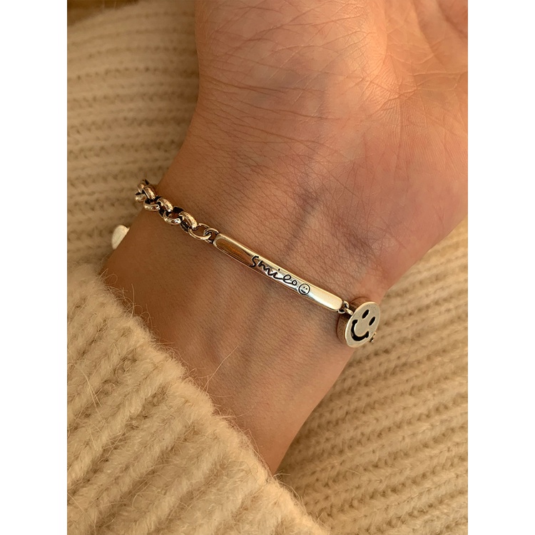 Vòng Tay Bạc Họa Tiết Mặt Cười Phong Cách Hip hop Hàn Quốc Thời Trang Cho Nữ