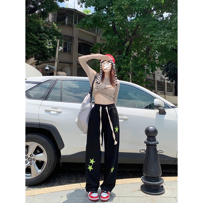 Quần thể thao ZHELIHANGFEI lưng cao ống rộng phong cách preppy thời trang cá tính