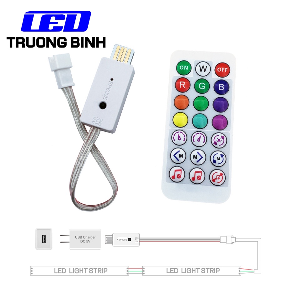 SP620E BỘ ĐIỀU KHIỂN LED FULL MÀU NHÁY THEO NHẠC CHO LED ARGB WS2812B WS2811 UCS1903 USB 5V ĐIỀU KHIỂN APP REMOTE 21KEY