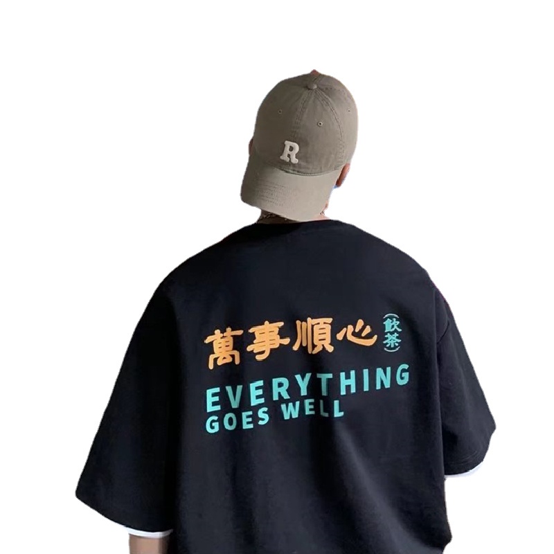 Áo Thun Mùa Hè Dáng Rộng Tay Cộc Cổ Tròn In Chữ Phong Cách Hip Hop Đường Phố Cỡ Lớn M-5XL Cho Nam