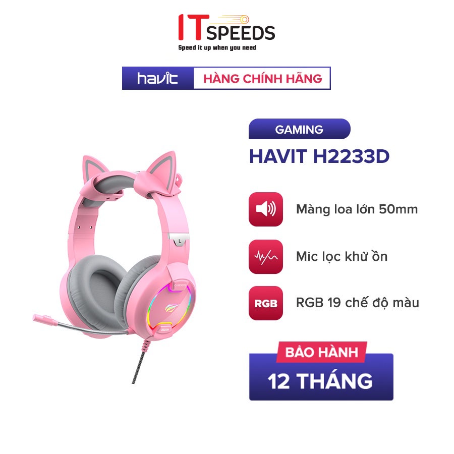 Tai Nghe Mèo HAVIT H2233D Cute, Driver 50mm, Đèn LED RGB, Mic Khử Ồn - Chính Hãng Bảo Hành 12 Tháng