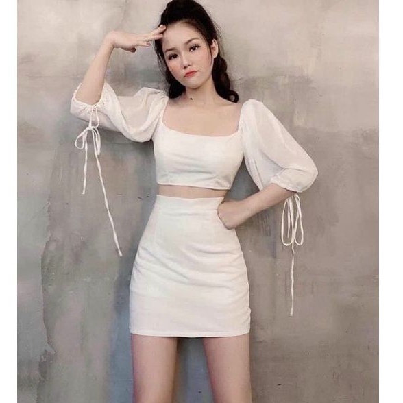 Sét bộ váy chữ A &amp; áo kiểu tay phối voan rút dây