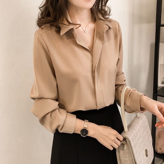 Áo sơ mi công sở nữ đẹp Trắng Be Đen Xanh  kiểu Hàn Quốc form rộng tay dài chất lụa cao cấp SM-01 OFFVerse | BigBuy360 - bigbuy360.vn