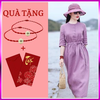 Đầm Tím Hồng Rút Eo Vải Linen Tự Nhiên