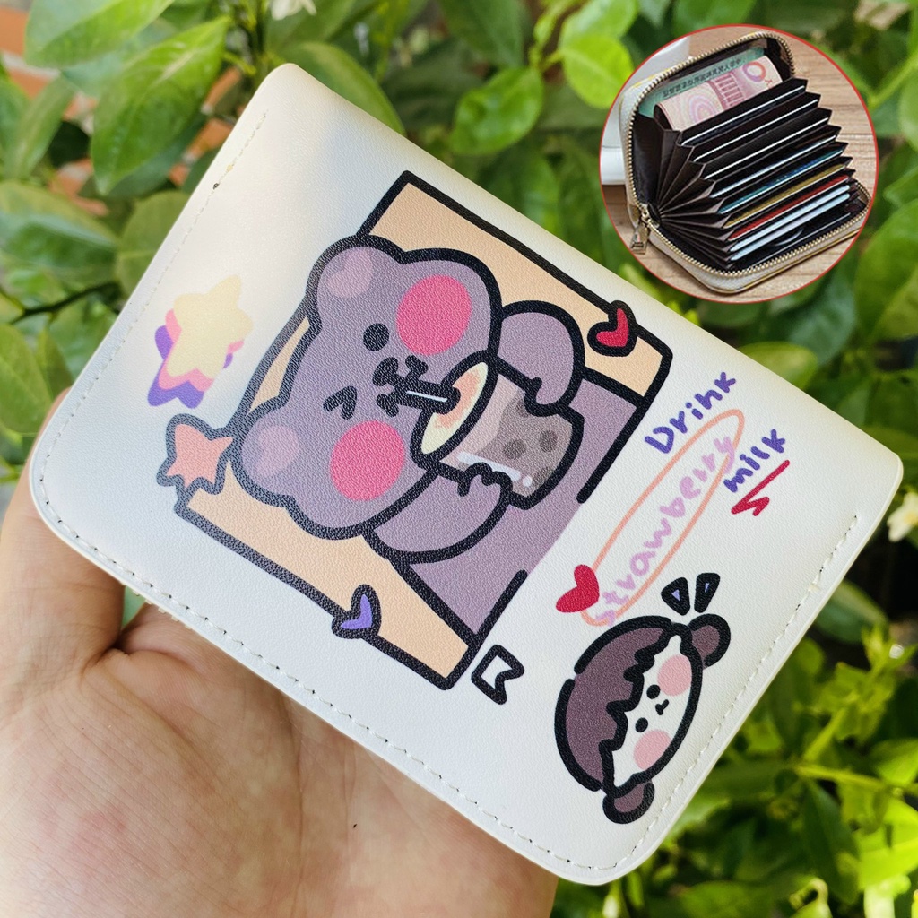 Ví nữ mini cầm tay thời trang nhiều ngăn, bóp hoạ tiết cute chất liệu da PU