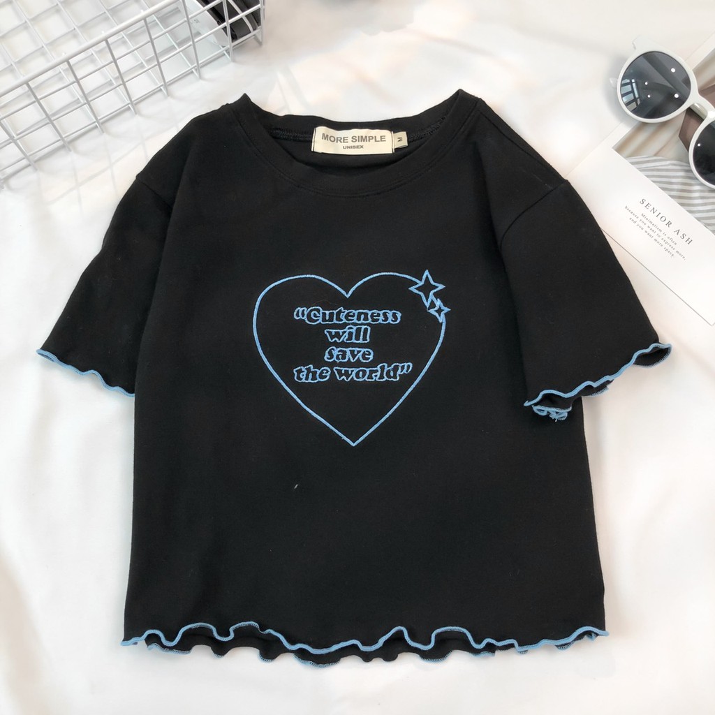 Áo Croptop Nữ Tay Ngắn Thêu Họa Tiết Trái Tim Xinh Xắn Phong Cách Ulzzang - Tuni Store