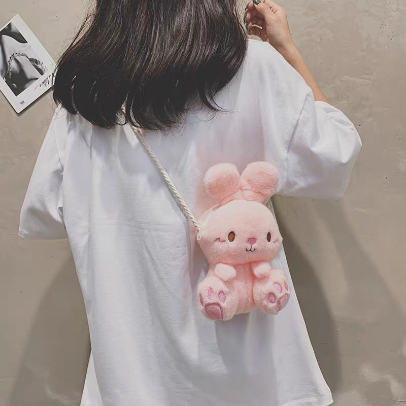 Túi Đeo Chéo Hình Thỏ Nhồi Bông Phong Cách Hoạt Hình Siêu Đáng Yêu, Dễ Thương
