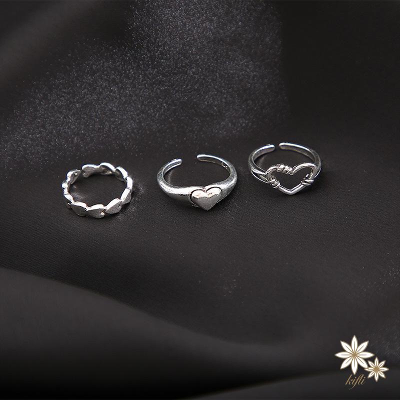 Bộ 3 Nhẫn Hở Màu Bạc Hình Trái Tim Phong Cách Gothic Cổ Điển Có Thể Điều Chỉnh Cho Nữ