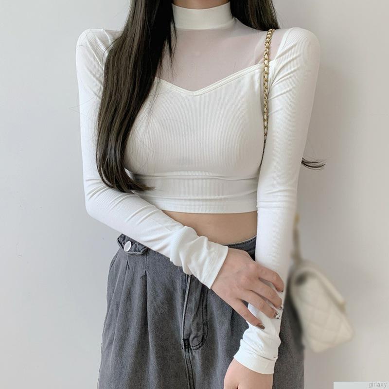 Áo thun lửng tay dài cổ lọ màu sắc trong suốt thời trang Hàn Quốc cho nữ