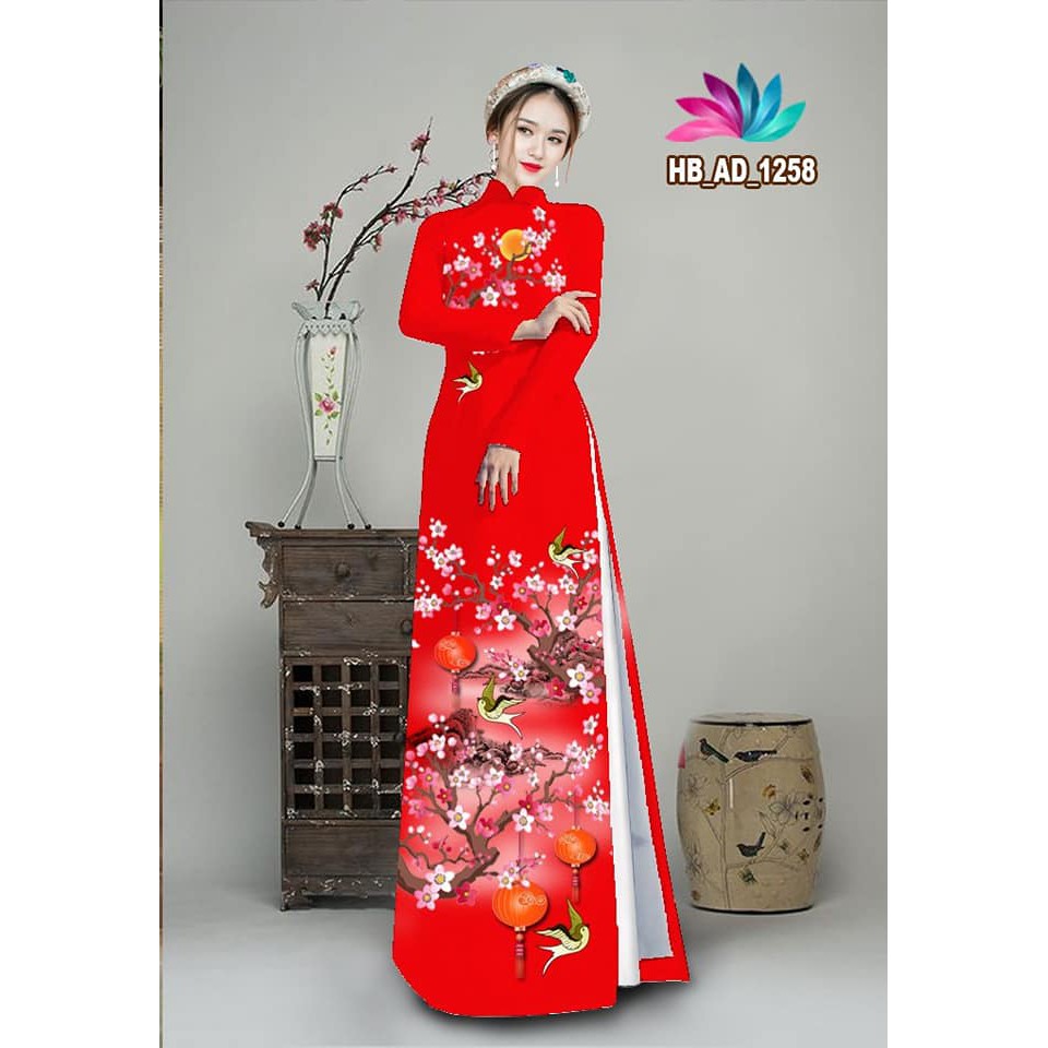 Áo dài nữ màu đỏ hình in 4d