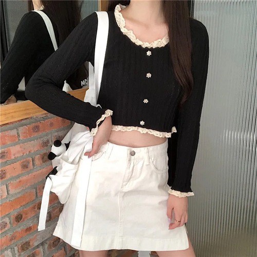 Áo kiểu croptop phối ren hoa phong cách retro ulzzang (ảnh thật)