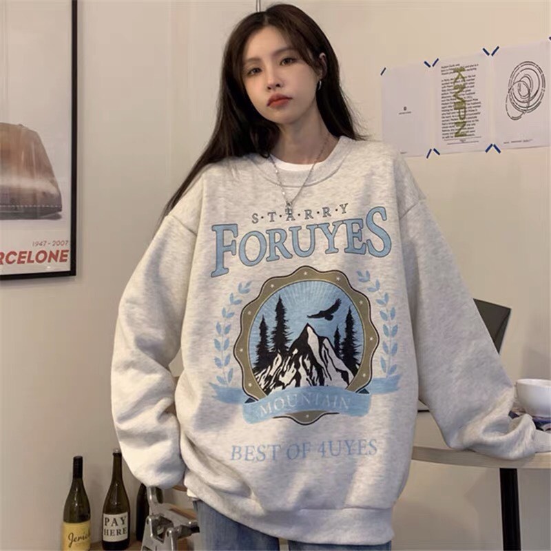 Áo Nỉ FORUYS Nữ MEESTORE - Sweater Dáng Rộng Unisex In Chữ Tay Bồng Phong Cách Ullzang
