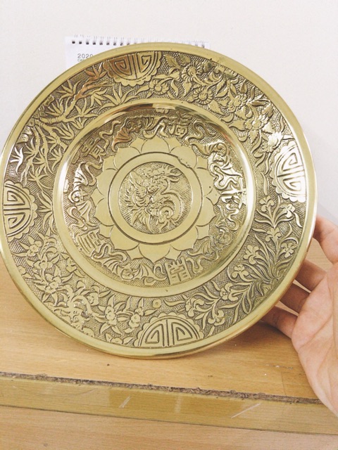 Mâm ngũ quả mâm bồng bằng đồng nguyên chất 25cm hàng kỹ dày nặng 1,4kg. Đĩa trái cây bằng đồng
