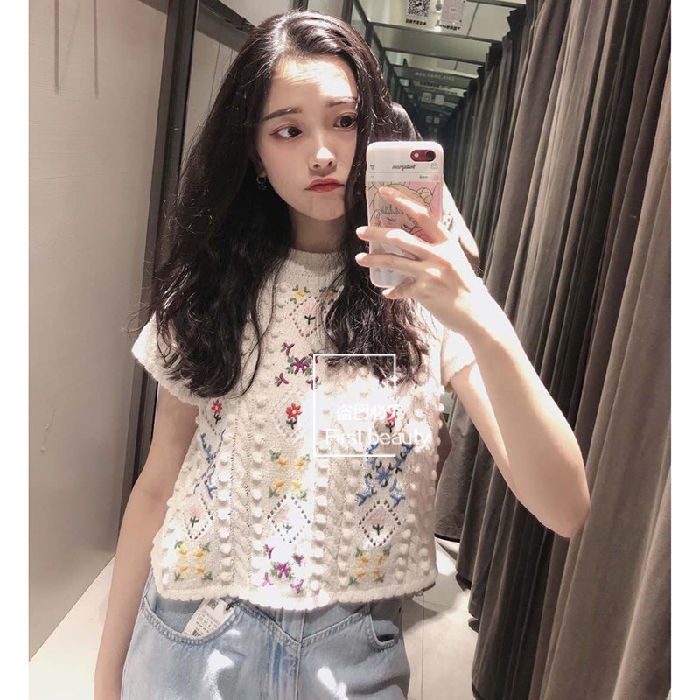 Áo ngắn dệt kim rỗng nhìn xuyên qua dáng rộng tay ngắn thêu hoa thời trang tươi tắn