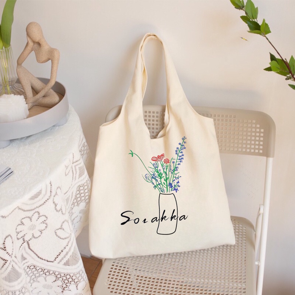 Túi tote Hazin túi vải canvas nữ hoạ tiết bình hoa đựng vừa laptop cỡ lớn đeo vai phong cách ulzzang