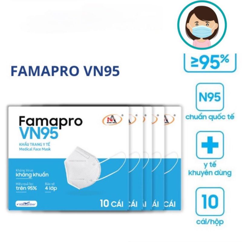 Khẩu trang VN95 Famapro nhiều màu 1 hộp 10 cái - 1 thùng 500 cái combo 10-50 cái