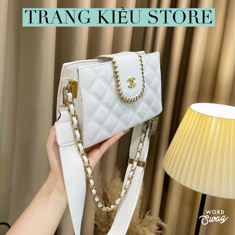 Túi Xách Nữ Kẹp Nách viền xích Hộp Ô Trám Size 21 Thời Trang