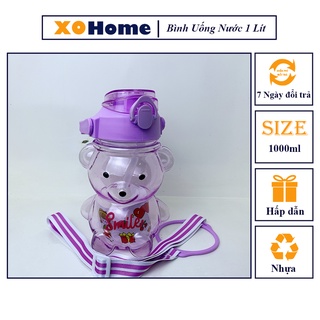 Bình đựng nước 1 lít hình gấu cute, Bình nước mang đi học có quai đeo