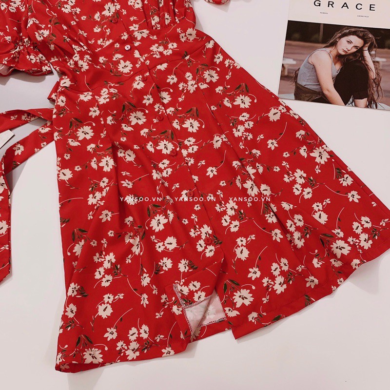 Váy hoa nhí đỏ ngắn  dáng chữ A cá tính đi biển nổi bật có size SML  YANSOO