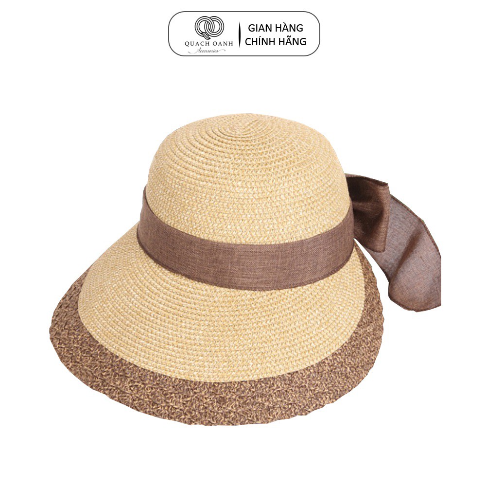Mũ nón cói QO ACCESSORIES nữ vành rộng viền nâu be thắt nơ sau đi biển mùa hè MU46