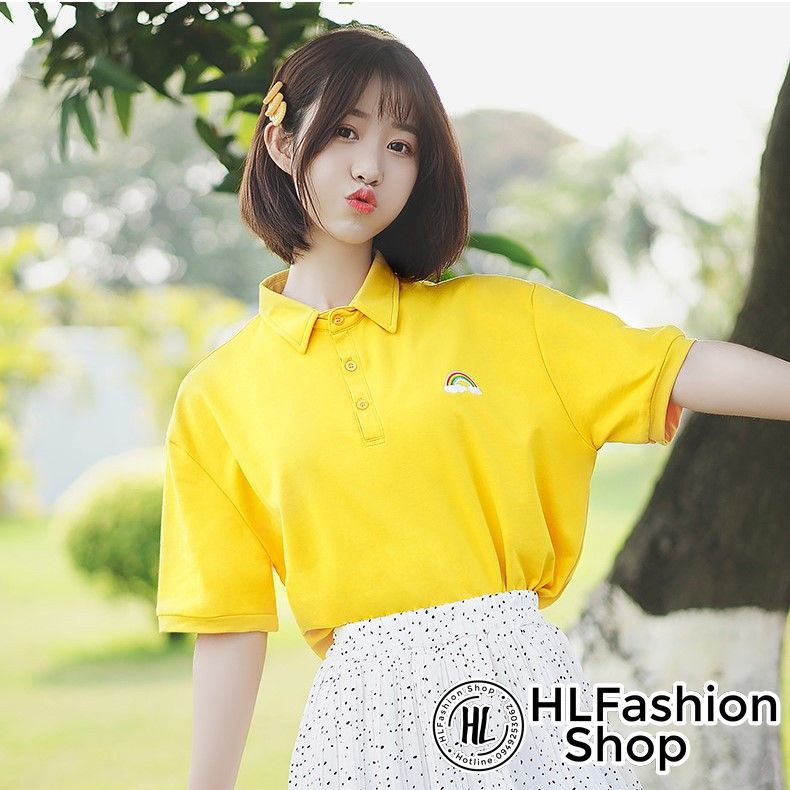 Áo polo thun cổ trụ thêu hình cầu vồng màu vàng duyên dáng, áo thun size có cổ HLFashion