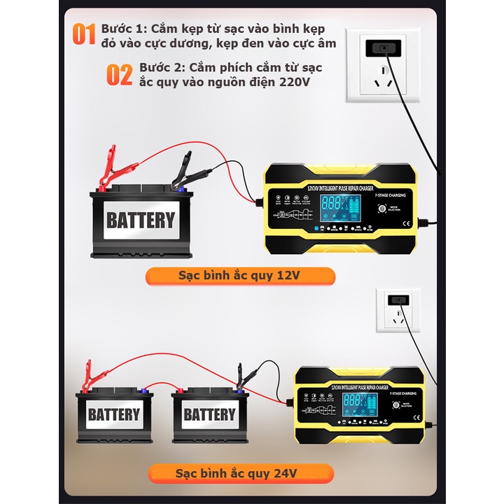 Sạc bình ắc quy 12V-24V/10A 6-150ah có khử sunfat phục hồi bình dùng cho cả bình khô và nước từ 6Ah-150Ah