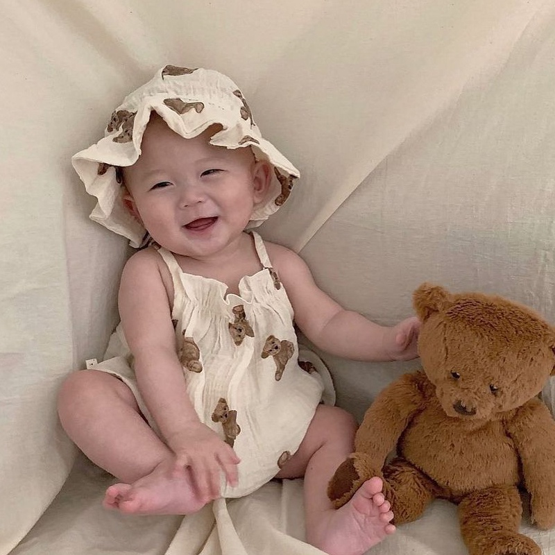 Bộ Áo Liền Quần Hai Dây Hình Gấu Dễ Thương + Nón Thời Trang Mùa Hè Cho Bé Sơ Sinh