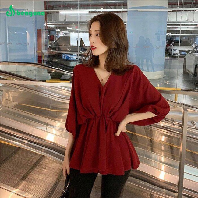 Áo Sơ Mi Chiffon Tay Cánh Dơi Cổ Chữ V In Họa Tiết Trái Tim Size Lớn Cho Nữ
