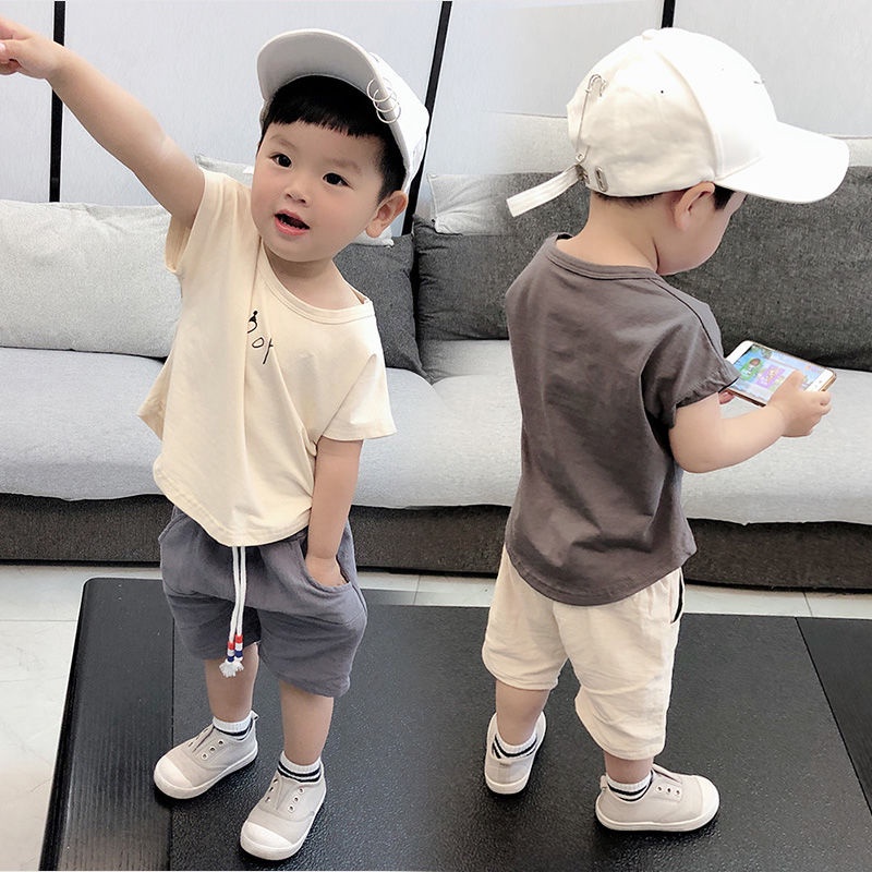 Set đồ mùa hè 2 món gồm áo tay ngắn 95% Cotton màu trơn + quần ngắn thời trang cho bé trai