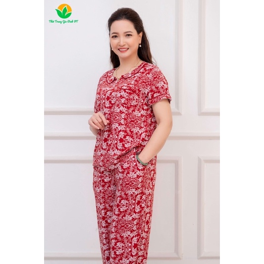 Bộ lanh nữ quần lửng áo cộc tay cổ lá sen B06.2207