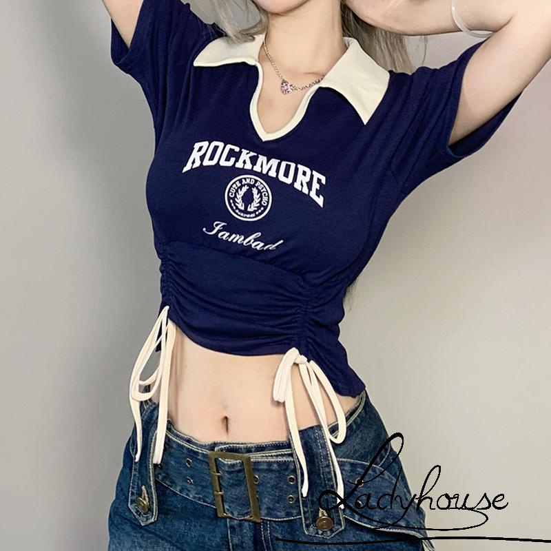 Áo Thun Croptop Tay Ngắn Cổ Chữ V Phối Dây Rút Thời Trang Mùa Hè Cho Nữ