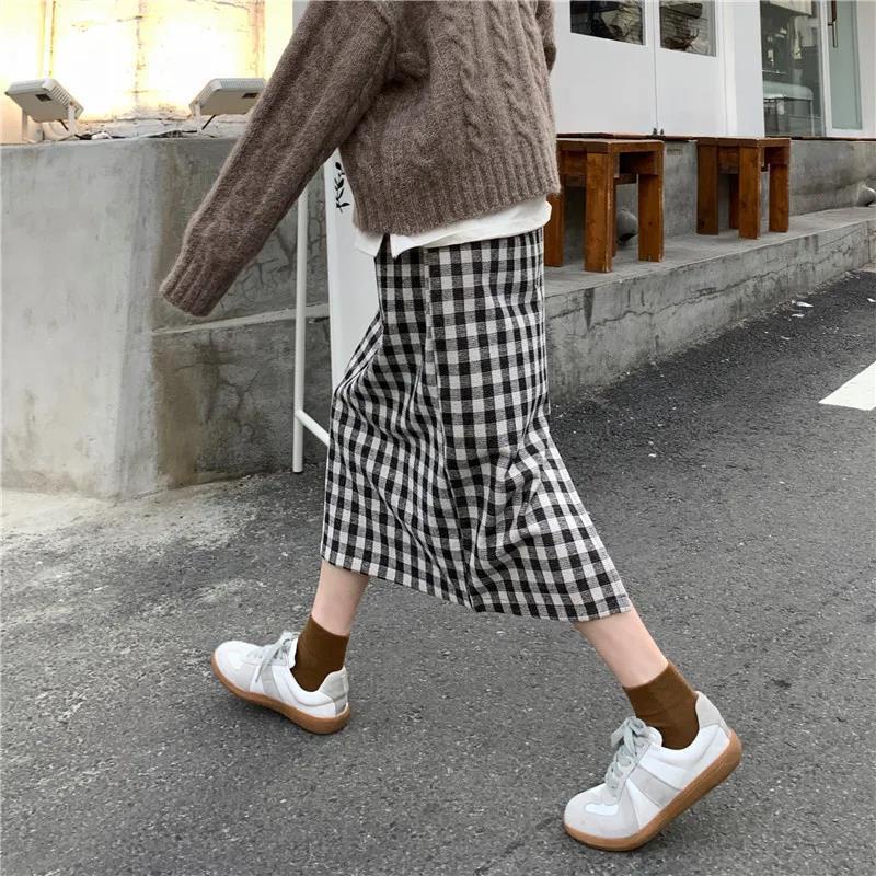 Chân váy dài qua gối lưng thun bằng len dày dặn họa tiết sọc caro phong cách Hàn Quốc cổ điển