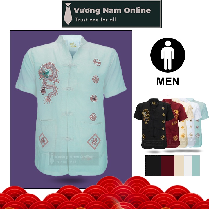 Áo sơ mi nam trung niên cao cấp form rộng ngắn tay họa tiết thêu rồng FF17F