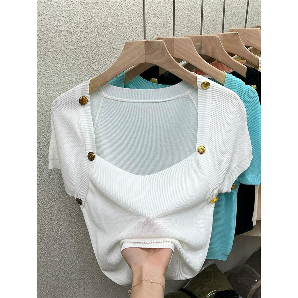 Áo Thun Tay Ngắn Cổ Vuông Bằng Lụa Lạnh Thời Trang Mùa Hè Dành Cho Nữ