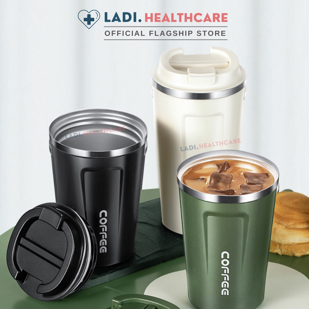 Cốc giữ nhiệt 510ml LADI ly coffee holic inox 304, bình giữ nhiệt 12h tặng Sticker trang trí