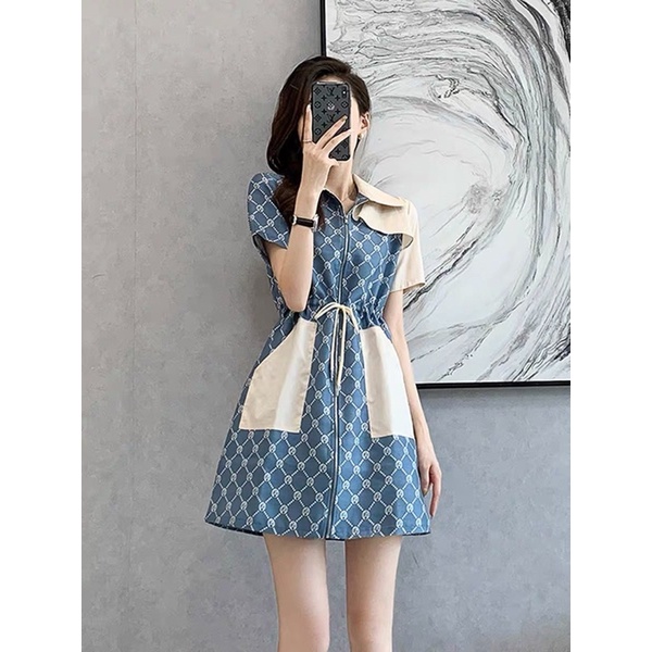 Váy dài xanh kẻ dây rút YOYO CLUB