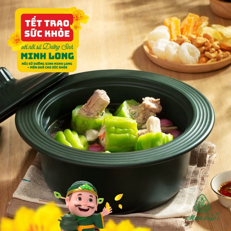 [Tặng đế lót gỗ + Chén cơm ] Nồi dưỡng sinh Minh Long vành tròn 1.0 L + nắp núm liền - HealthyCook - Xanh rêu