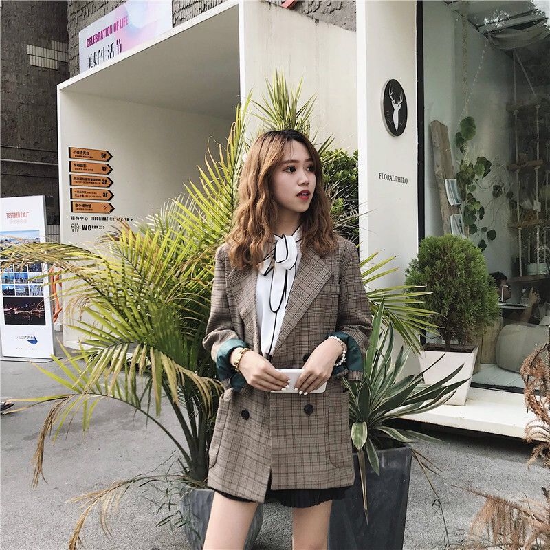 Áo Khoác Vest Họa Tiết Ca Rô Phong Cách Hàn Quốc Dành Cho Nữ