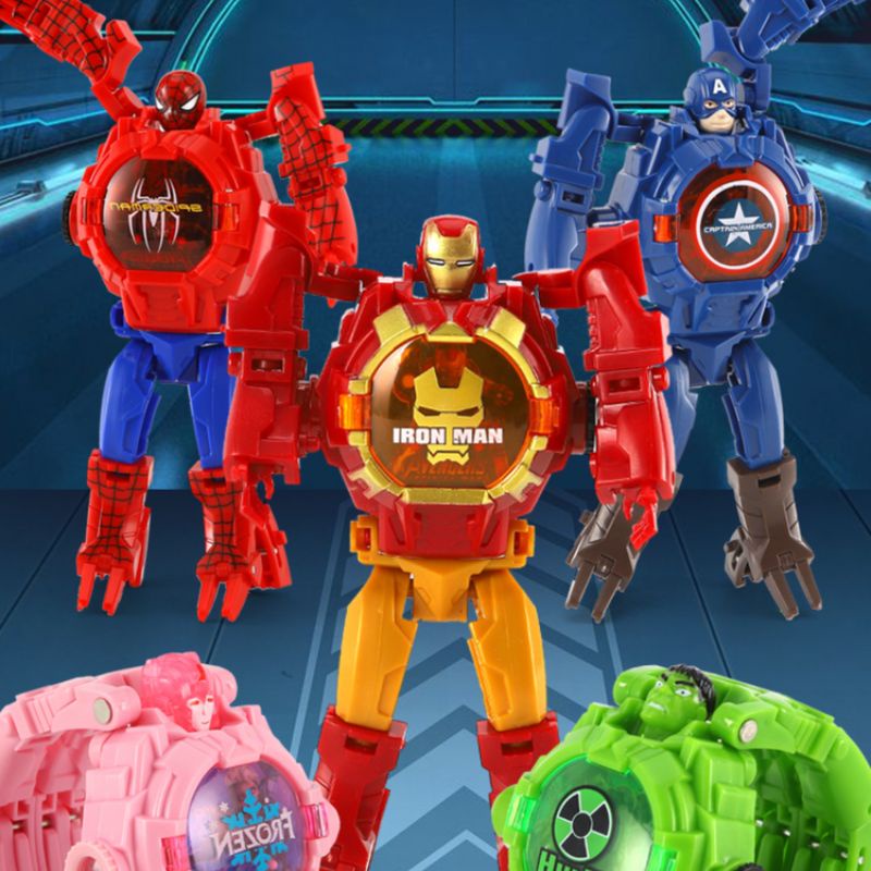 Đồng hồ biến hình đeo Tay cho bé - hình người Nhện, Sắt, đội trưởng Mỹ có đèn chiếu hình ảnh - 2 trong 1