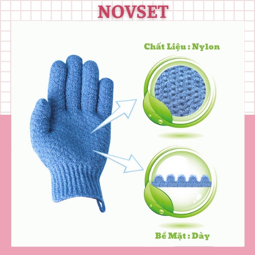 Găng tay tẩy tế bào chết NOVSET Chất liệu nylon mềm hai mặt độ đàn hồi cao để chà lưng