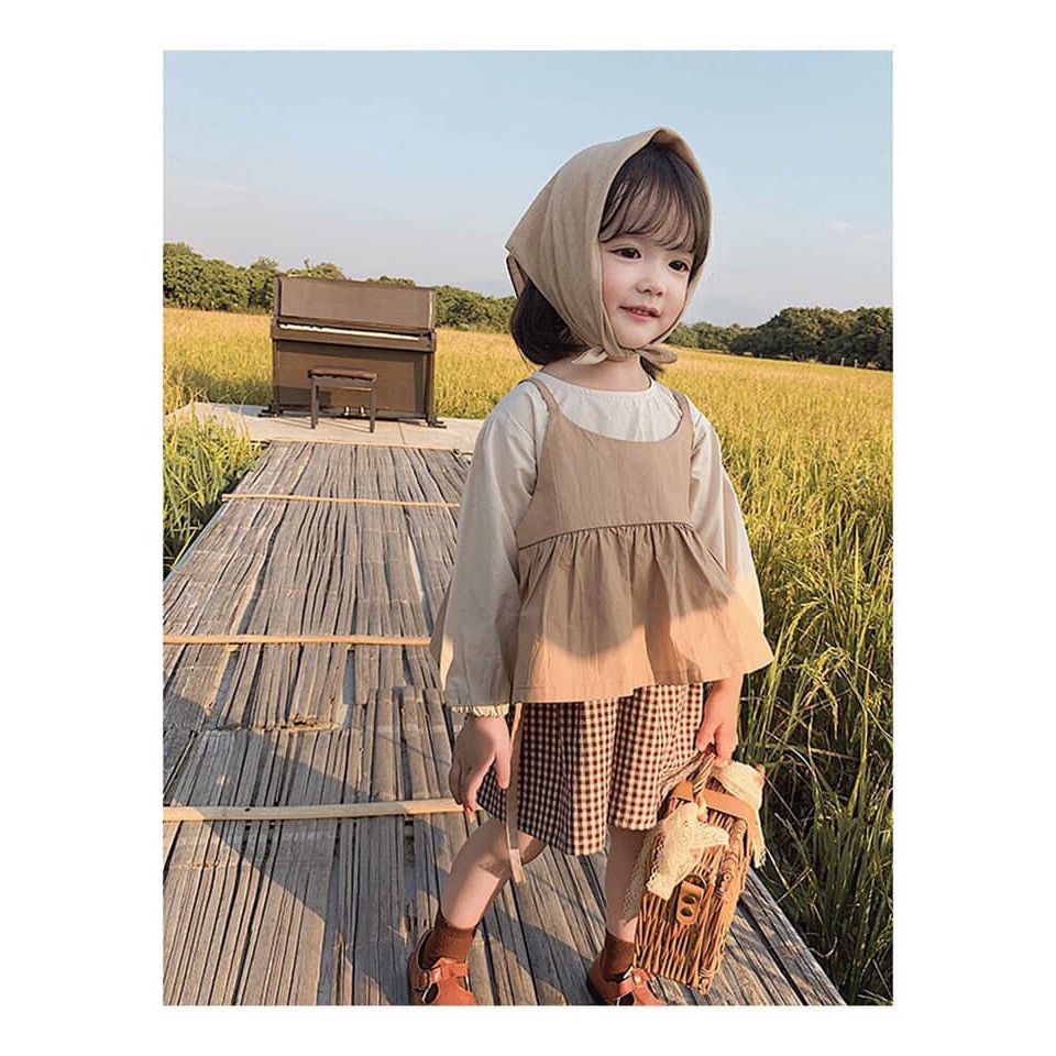 Set yếm dài tay Vintage họa tiết caro